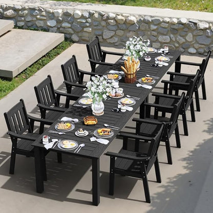 YEFU HIPS Patio Table Set: 10 Piece Outdoor Table and Chairs Dining Furniture Set with Umbrella Hole - Black Modern Plastic Dining Sets 8 Person for Outside Deck with Metal Aluminum Frame