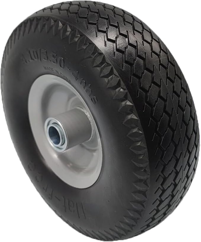 Flat Free 4.10/3.50-4 Tire with 3/4 & 5/8 Axle Bore, 3.5” Center Hub 10 inch Solid Tire Replacement for Hand Truck/Wagon/Garden Cart/Wheelbarrow/Dolly(Set of 2)