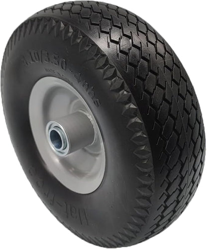 Flat Free 4.10/3.50-4 Tire with 3/4 & 5/8 Axle Bore, 3.5” Center Hub 10 inch Solid Tire Replacement for Hand Truck/Wagon/Garden Cart/Wheelbarrow/Dolly(Set of 2)