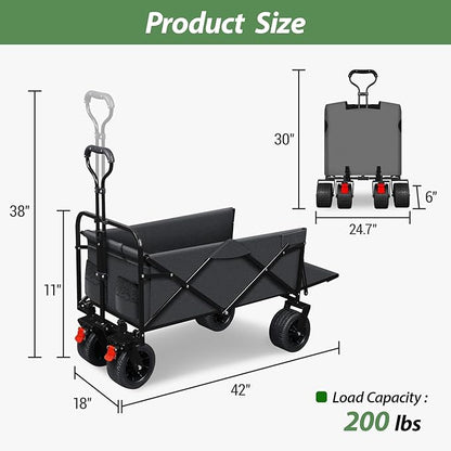 TAIFA Foldable Collapsible Wagons Cart with Extra Long Tailgate, Beach Portable Utility Wagon with Big Wheels and Brakes for Sand Shopping Camping Sports Outdoor, Black and Gray