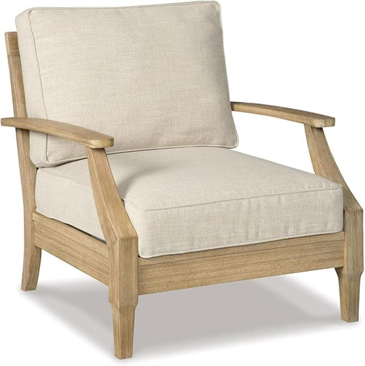 Signature Design by Ashley Clare View Outdoor Eucalyptus Wood Lounge Chair – Cushioned with Nuvella Fabric, 5-Step Protective Finish , Beige