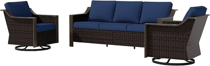 3 Piece Wicker Patio Conversation Set, All-Weather Use Outdoor Wicker Sofa with 2 PE Rattan Swivel Chair, Removable Water-Resistant Cushion, Ideal for Porch, Backyard, Balcony, Poolside, Blue
