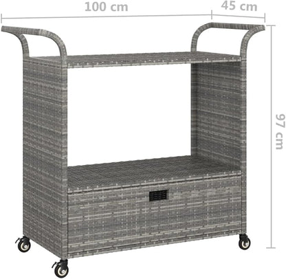 Outdoor Rolling Wicker Bar Cart with Drawer, Portable Bar Cart with Wheels, Patio Kitchen Island Cart for Pool Deck Backyard, Gray 39.4"x17.7"x38.2" Poly Rattan -461