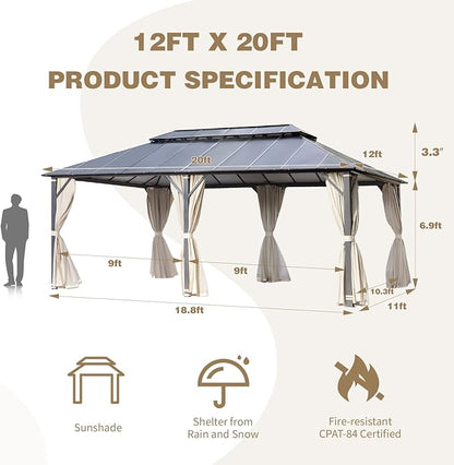 MELLCOM 12x20FT Hardtop Gazebo, Permanent Outdoor Aluminum Patio Gazebo with Aluminum Composite Double Roof for Patio Lawn and Garden, Curtains and Netting Included