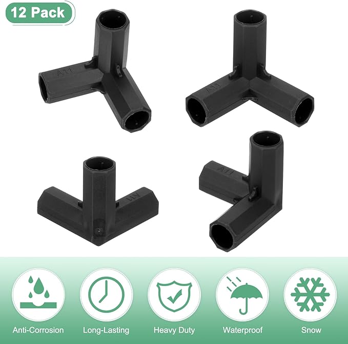 12 Pcs 11mm Greenhouse Frame Building Connectors, 3 Way Right Angle Pipe Fitting for Grape Trellis/Sunscreen Shed/Gardening Plant Stakes, Greenhouse Accessories [Black]