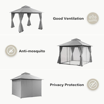 Outdoor Patio Gazebo 8FT, Heavy Duty Party Tent & Shelter with 2-Tier Roof and Expansion Bolts, Mosquito Nettings and Privacy Screens for Backyard, Garden, Poolside, Gray
