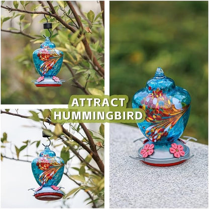 REZIPO Hummingbird Feeder with Perch - Hand Blown Glass - Blue - 38 Fluid Ounces Hummingbird Nectar Capacity Include Hanging Wires and Moat Hook