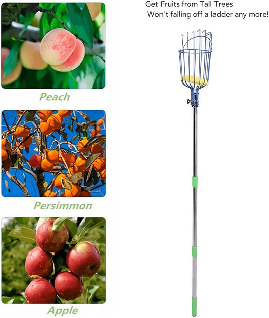 Fruits Catcher,Stainless Steel Fruit Picker Tool with Basket Pole Fruits Catcher Tree Picker Length Adjustable Orange Picker Pole Tool Long Handle Fruit Catcher