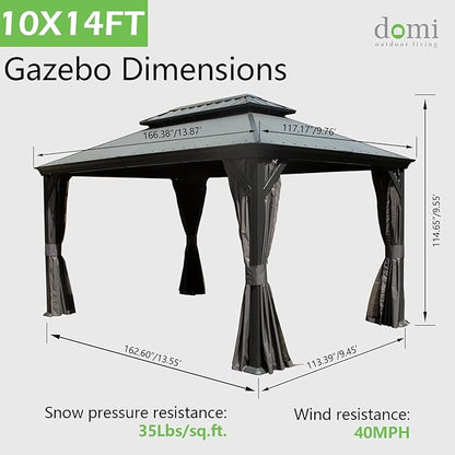 Domi 10’x14’ Hardtop Gazebo with Gutters, Outdoor Metal Gazebo Canopy with Resin & Galvanized Steel Roof, Permanent Pavilion for Patio, Backyard, Lawn, Hot Tub, Curtains and Mosquito Netting Included