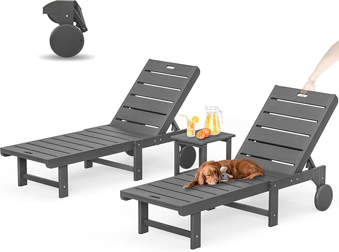 Outdoor Chaise Lounge Chairs with Table, 3-Piece, 26.8” Super Wide Lounge Chair Outdoor, HDPS Pool Chairs with 5 Positions, Patio Lounge Chair with Wheels for Pool,Lawn,Backyard, Dark Gray