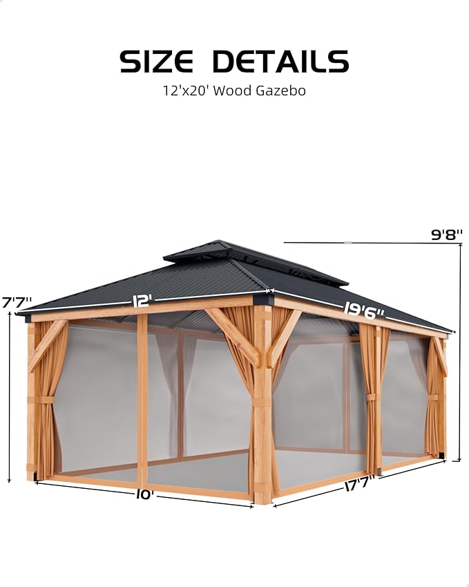 GAOMON Hardtop Spruce Wood Gazebo 12'x20', with Double Roof of Metal Sheets, 4.7'' Heavy Duty Poles, Net, and Curtain, Permanent Building for Patio, Deck, Backyard, Lawn, and Garden, Khaki