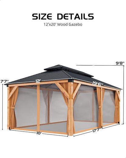 GAOMON Hardtop Spruce Wood Gazebo 12'x20', with Double Roof of Metal Sheets, 4.7'' Heavy Duty Poles, Net, and Curtain, Permanent Building for Patio, Deck, Backyard, Lawn, and Garden, Khaki