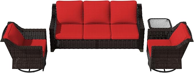 Vista Vibe 4 Pieces Outdoor Patio Conversation Furniture Set - 78" 3-Seat Sofa | 2 Swivel Glider Rocker Chairs | Wicker End Table, Rattan Loveseat, Upholstered Couch, Garden, Deck (Brown/Red)