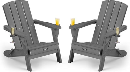 Folding Adirondack Chair Wood Texture 2 Pack, HDPE All-Weather Fire Pit Chairs, Plastic Adirondack Chairs with 2 Cup Holder, Outdoor Lawn Chair for Patio Garden (Grey)