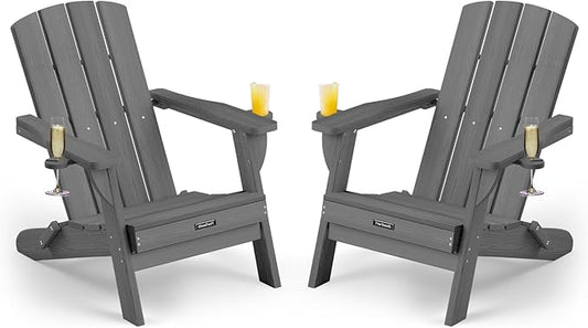 Folding Adirondack Chair Wood Texture 2 Pack, HDPE All-Weather Fire Pit Chairs, Plastic Adirondack Chairs with 2 Cup Holder, Outdoor Lawn Chair for Patio Garden (Grey)