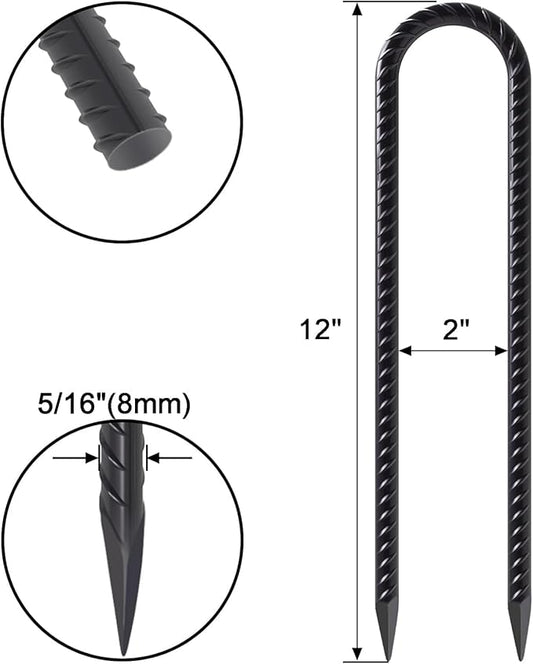 VVOKGO Trampoline Stakes 12 Inches Anchors High Wind Heavy Duty, 8-Pack U Shaped Tie Down Anchor Kit for Ground, Camping Tent, Soccer Net, Swing Set, Black