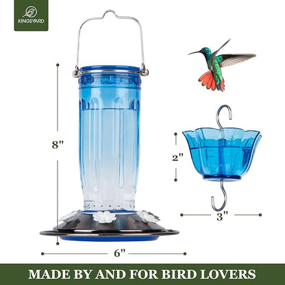 Kingsyard Glass Hummingbird Feeder for Outdoors Wild Bird Feeder with 6 Feeding Ports Hanging for Garden Yard, Blue (Ant Moat Included)