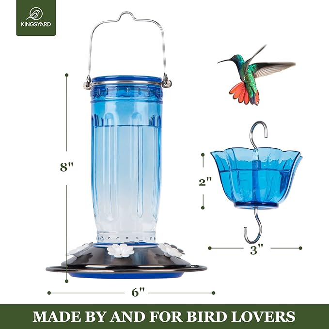 Kingsyard 2 Pack Glass Hummingbird Feeder for Outdoors, 16 Oz Wild Bird Feeder with 6 Feeding Ports Hanging for Garden Yard, Blue (Ant Moat Included)