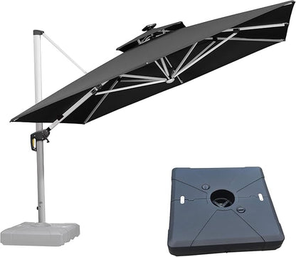 PURPLE LEAF 11 Feet Solar Powered LED Square Cantilever Umbrella With Base Patio Umbrellas Windproof Hanging Umbrella Outdoor Offset Umbrellas, Black