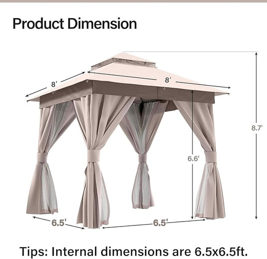 Outdoor Patio Gazebo 8FT, Heavy Duty Party Tent & Shelter with 2-Tier Roof and Expansion Bolts, Mosquito Nettings and Privacy Screens for Backyard, Garden, Poolside, Khaki