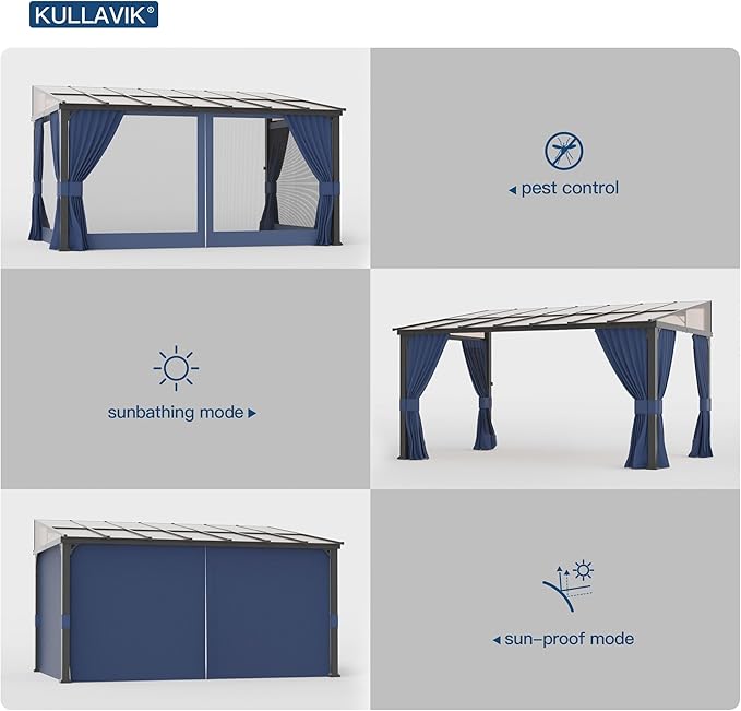 Kullavik 10' × 14' Hardtop Gazebo for Patio,Wall-Mounted Lean to Gazebo Pergola with Sloping Roof and Durable Aluminum Frame,Large Heavy Duty Awnings for Decks,Backyard,NavyBlue