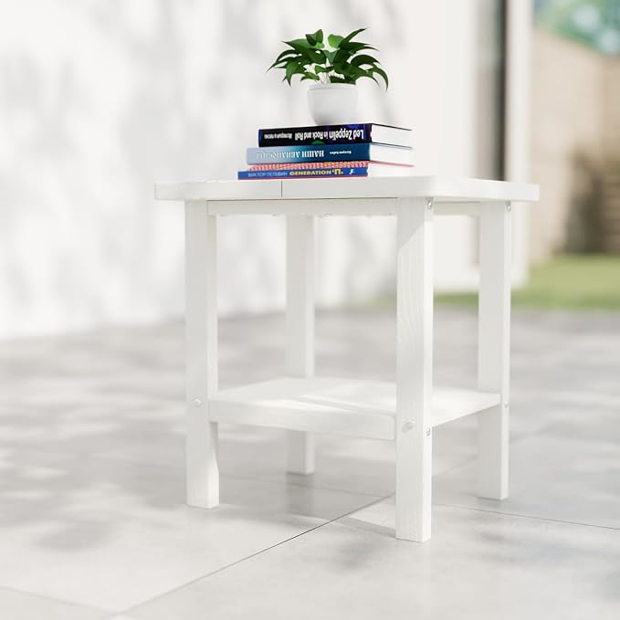 Kingdura Adirondack Outdoor Side Table, 16 x 13 Inches HDPE Plastic Outside End Tables for Patio Pool Porch Backyard Indoor, 2 Tiers Storage Shelf, All Weather Resistant, Easy Maintenance (White)