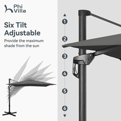 PHI VILLA 9'x12' Outdoor Patio Deck Umbrella with Base. 360° Rotation & 6-Level Tilt with Easy Crank Handle. Rectangle Offset Cantilever Umbrella Heavy Duty for Garden Poolside Backyard (Grey)