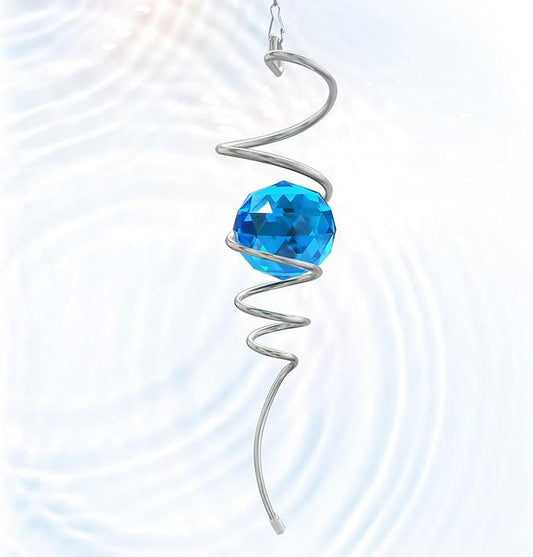 Gazing Ball Spiral Tail, Wind Spinner Spiral Peacock Blue Crystal Orb with Swivel Hook, Sun Catcher Rainbow Maker Hanging Decor for Yard Garden Rotating Art Ornaments Great Gifts 13" Height