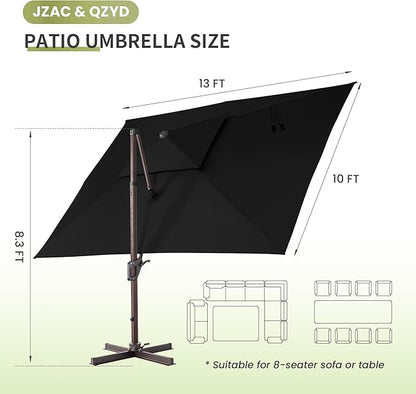 JZAC & QZYD 10 X 13 FT Cantilever Patio Umbrella Outdoor Large Heavy Duty Rectangle Offset Double Top Umbrellas with 360° Rotation for Pool Deck Backyard Garden, Black