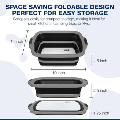 2-Pack XL Collapsible BBQ Prep Tub with Built-In Cutting Board, Lid & Strainer – Marinate, Drain & Prep – Large Food-Safe Container – Perfect for Grilling, Smoking & Outdoor Cooking (Black)