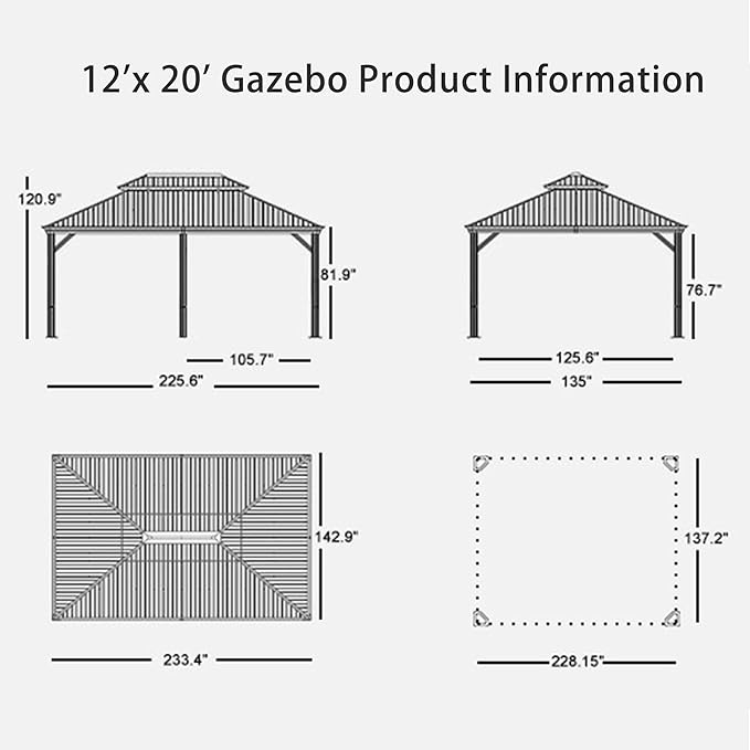 PURPLE LEAF 12' X 20' Outdoor Hardtop Permanent Galvanized Steel Gazebo Double Roof Canopy Aluminum Frame Patio Garden Pavilion with Netting and Curtains
