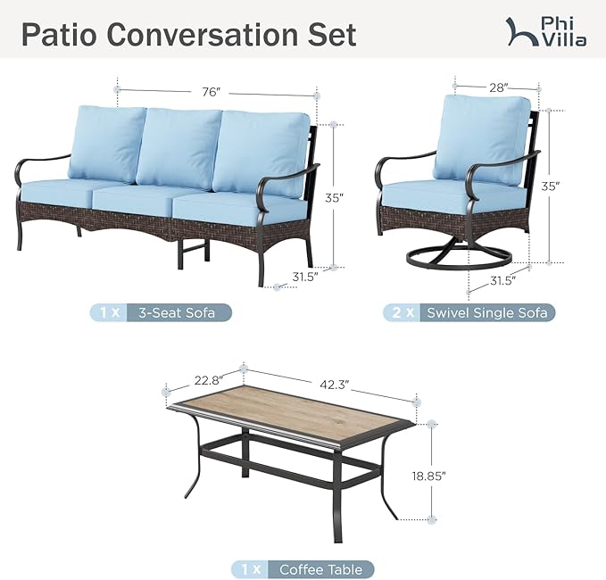 PHI VILLA Outdoor Modern Patio Furniture Set, Upgraded Wicker&Metal Patio Furniture Conversation Set with Waterproof Thick Cushions for Porch, Poolside, Deck, and Yard (4 Pieces,Blue)