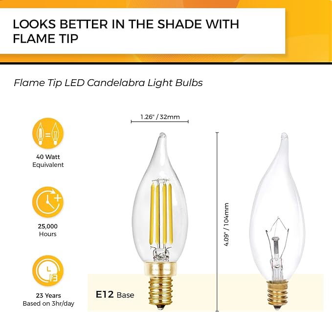 Hizashi E12 Candelabra Bulb 40 watt, 90+ CRI Dimmable Candelabra LED Bulbs, 4W 450LM 5000K Daylight White, E12 Bulb Flame Tip CA10 Candle Light Bulbs, UL Listed - 6 Pack