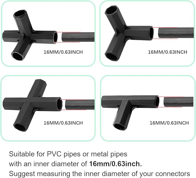12PCS Fitting 16MM 4 Types Stable Support Heavy Duty Greenhouse Frame Building Connector Black Suitable for Grape Trellis Sunscreen Shed Gardening