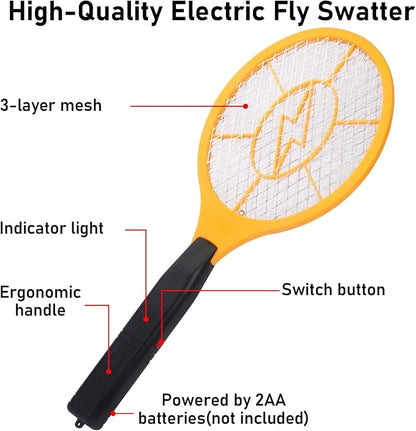 Electric Fly Swatter Handheld Bug Zapper - Indoor Outdoor Zapping Racket for Pest Mosquito & Flies - Battery Powered Safe to Touch with 3-Layer Safety Mesh, Standard Size, Pack of 2