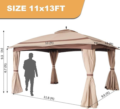 11x13 Gazebo for Patio, Gazebo with Curtains & Sandbags, Double Tier Roof Marquee Canopy for Garden, Deck, Backyard, Lawn (Khaki)-Netting not Included