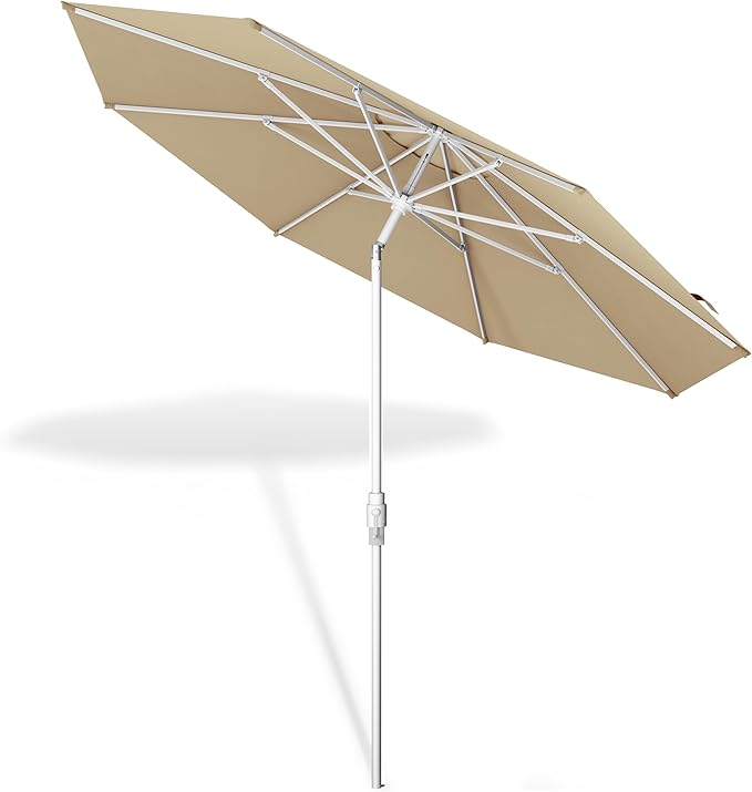 Midtown Umbrellas The Swilt 9 Feet Patio Umbrella in Sunbrella Heather Tan Acrylic Fabric - Fiberglass Ribs, Auto-Tilt Aluminum Frame For Backyard, Deck, Garden, Pool - White Pole