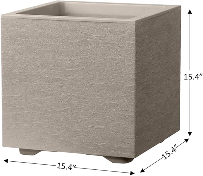 Deroma Gravity 15” Cube Planter | Light & Durable Plastic | Indoor or Outdoor Square Pot for Patio/Porch | Includes Water Reserve & Drain Plug | Trendy Planter for Plants, Flowers, Garden | Sandstone