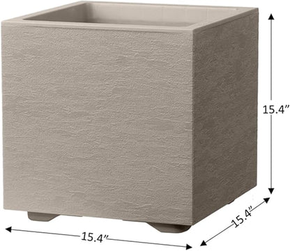 Deroma Gravity 15” Cube Planter | Light & Durable Plastic | Indoor or Outdoor Square Pot for Patio/Porch | Includes Water Reserve & Drain Plug | Trendy Planter for Plants, Flowers, Garden | Sandstone