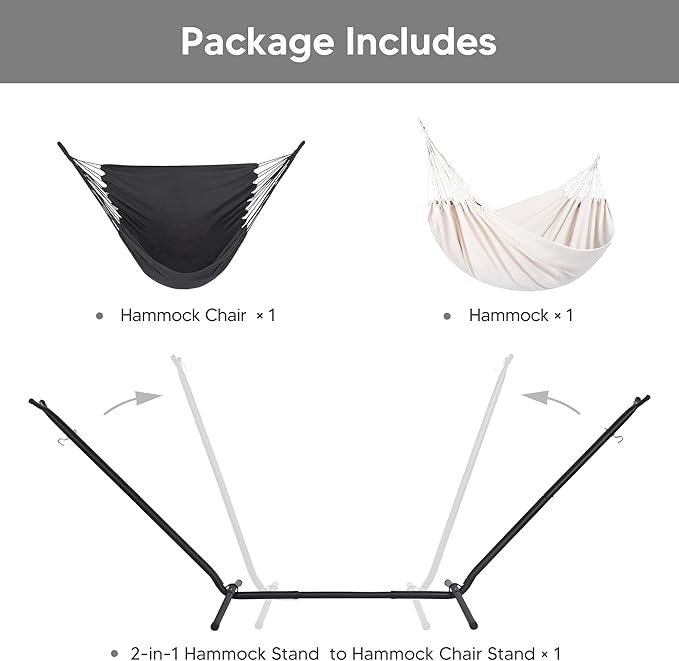 SUNCREAT 2-in-1 Hammocks Convertible Portable Double Hammock with Stand, Outdoor Hammock with Stand Included, Patent Pending, Natural