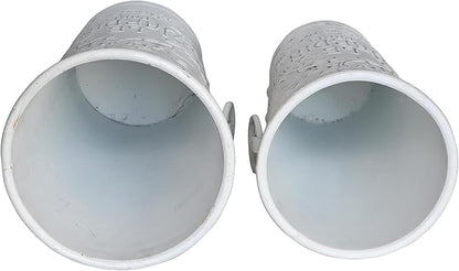 Set of 2 Distressed White Metal Flower Pots - Le Jardin Paris 14" Vintage Planters, Decorative Round Plants Buckets for Indoor/Outdoor Garden Patio Decor