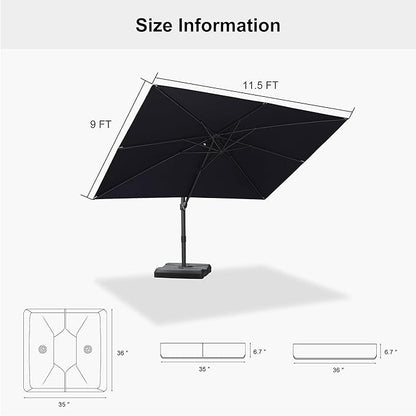 PURPLE LEAF 9' × 11.5' Patio Cantilever Umbrella with Base Outdoor Rectangle Adjustable Offset Umbrellas with 360-degree Rotation and 8 Heavy Duty Metal Ribs for Garden Deck Pool Navy Blue