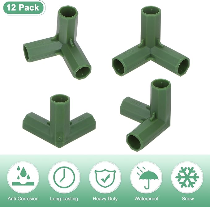 12 Pcs 11mm Greenhouse Frame Building Connectors, 3 Way Right Angle Pipe Fitting for Grape Trellis/Sunscreen Shed/Gardening Plant Stakes, Greenhouse Accessories [Green]