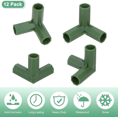 12 Pcs 11mm Greenhouse Frame Building Connectors, 3 Way Right Angle Pipe Fitting for Grape Trellis/Sunscreen Shed/Gardening Plant Stakes, Greenhouse Accessories [Green]
