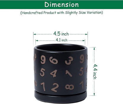 D'vine Dev Set of 2 Ceramic Planter Pots with Drainage Hole and Saucer, 4.5 Inch Plant Pots for Plants Indoor Houseplants, Black, 99-Z-B-2-V