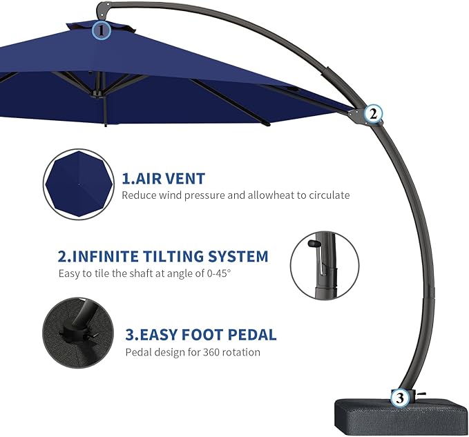 7-Piece Patio Dining Set with 11 FT Curvy Cantilever Umbrella, HDPE Tabletop & Aluminum Frame All-Weather Outdoor Furniture for Garden, Backyard, Poolside, Navy