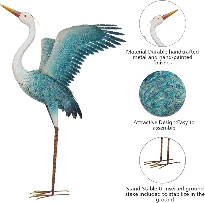 chisheen Garden Statue Outdoor Metal Heron Crane Yard Art Sculpture for Lawn Patio Backyard Decoration,46 inch (2-Pack) (White&Blue)