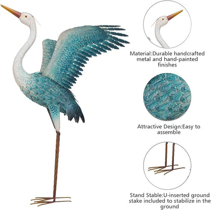 chisheen Garden Statue Outdoor Metal Heron Crane Yard Art Sculpture for Lawn Patio Backyard Decoration,46 inch (2-Pack) (White&Blue)