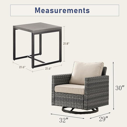Chair, 360-degree Swivel Wicker Patio Rocker Chair Set of 2 with Side Table, Queen Anne Style, Grey/Beige, Outdoor Furniture