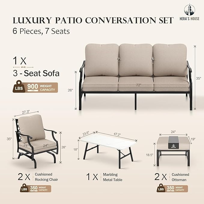 HERA'S HOUSE Patio Furniture Set, 2 x Rocking Cushioned Chair, 2 x Cushioned Ottoman, 1 x 3-Seat Sofa with Marbling Coffee Table, 6 Piece Outdoor Conversation Set for Backyard Lawn Garden